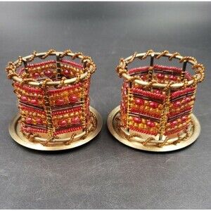 PartyLite Colorful Beaded Tealight Candle Ring Set Pair Moroccan Spice BOHO Fall